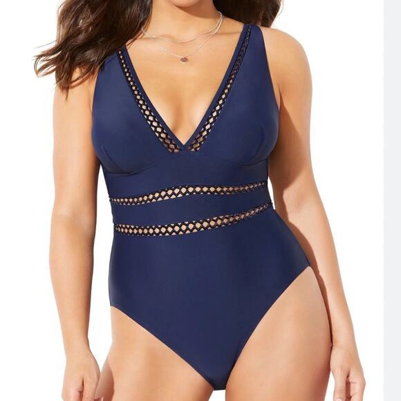 Swimsuits For All One Piece Lattice Plunge Swimsuit woman's size 18 Navy Blue - Picture 1 of 11